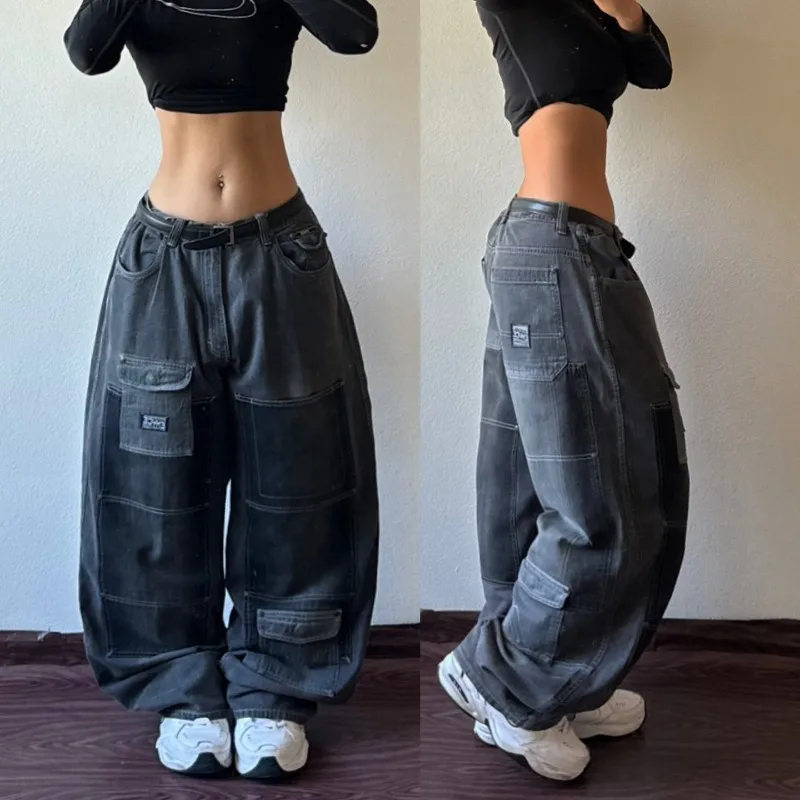 

Streetwear New Fashion Multi-pocket Black Washed Baggy Jeans Female Y2K Gothic Casual Harajuku Popular High Waist Wide Leg Pants