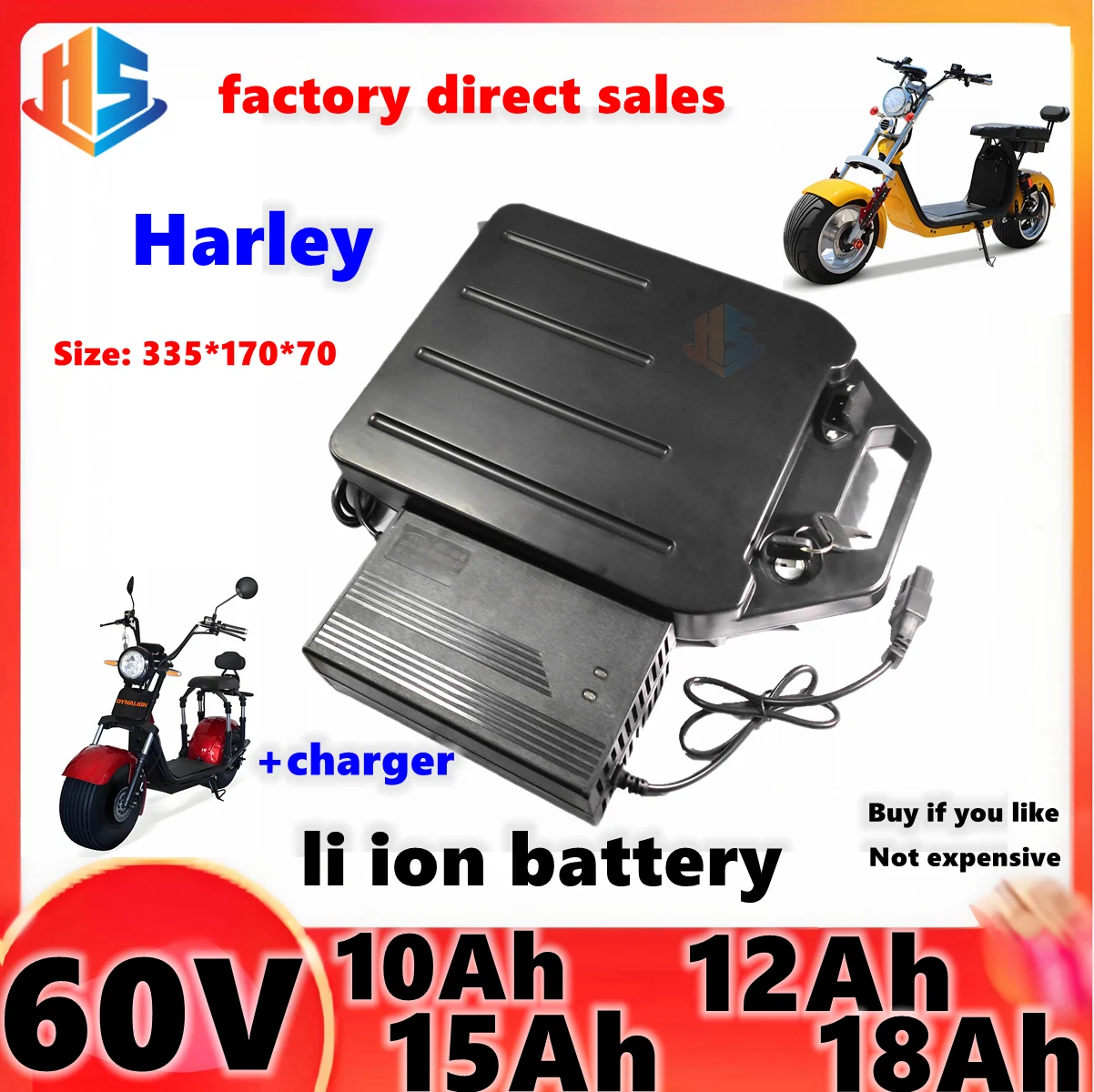 

Harley Waterproof 60V 10AH 12AH 15Ah 18Ah Lithium ion Battery with BMS for 2000W Citycoco Halle X7X8X9 Scooter +2A Charger