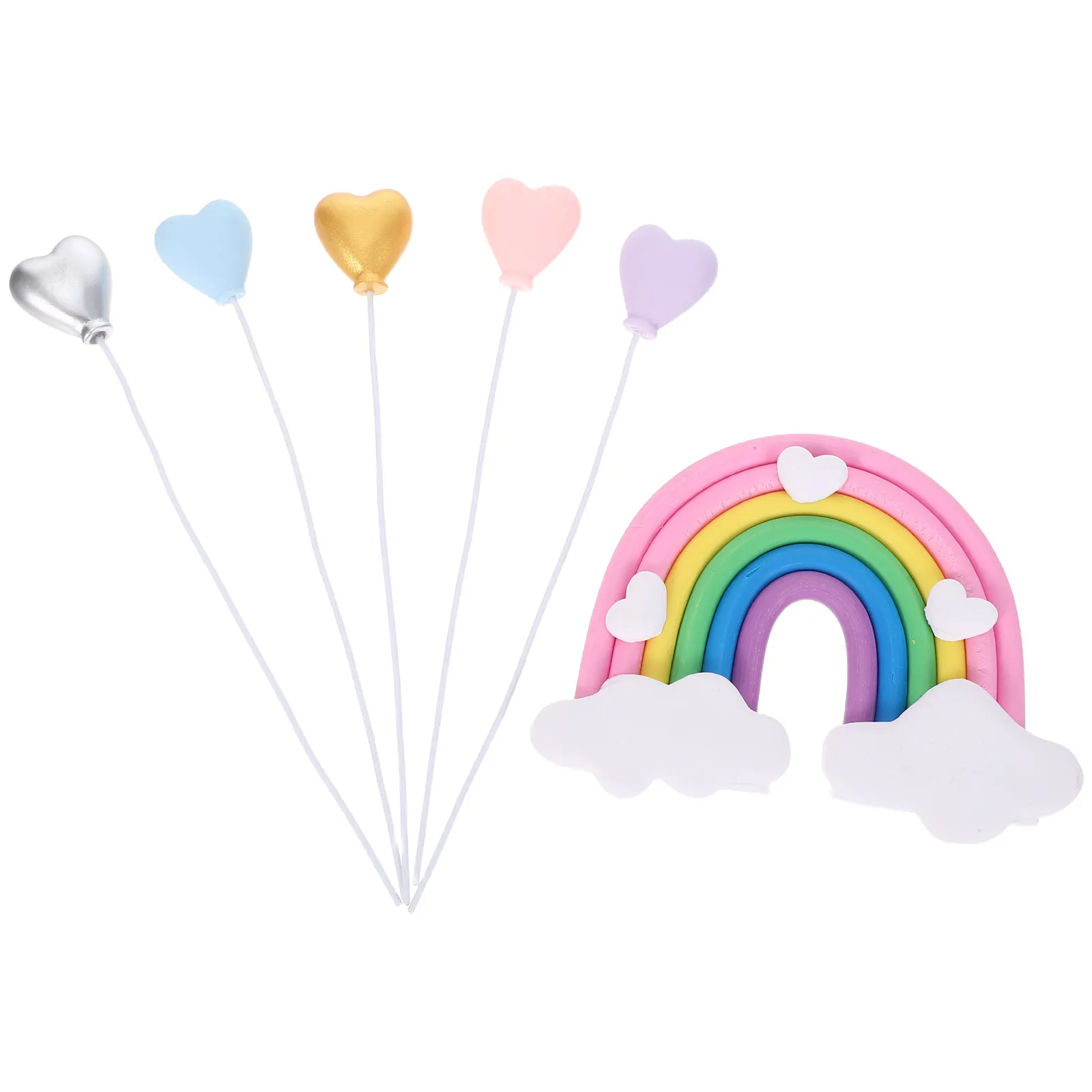 6Pcs Colorful Rainbow Cake Toppers Soft Pottery Heart Shaped Inserts for Kids Birthday Cake Decoration Girl Party Supplies