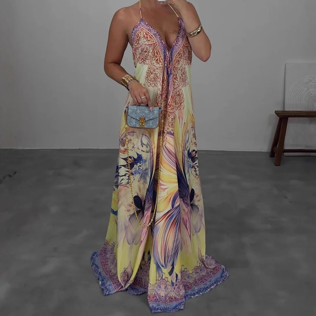 Böhmisches Lässiges Hochgeschnittenes Abendkleid Sexy V-Ausschnitt Rückenfreies Ärmelloses Urlaubskleid Elegantes Bedrucktes Damen Locker Sitzendes Kleid