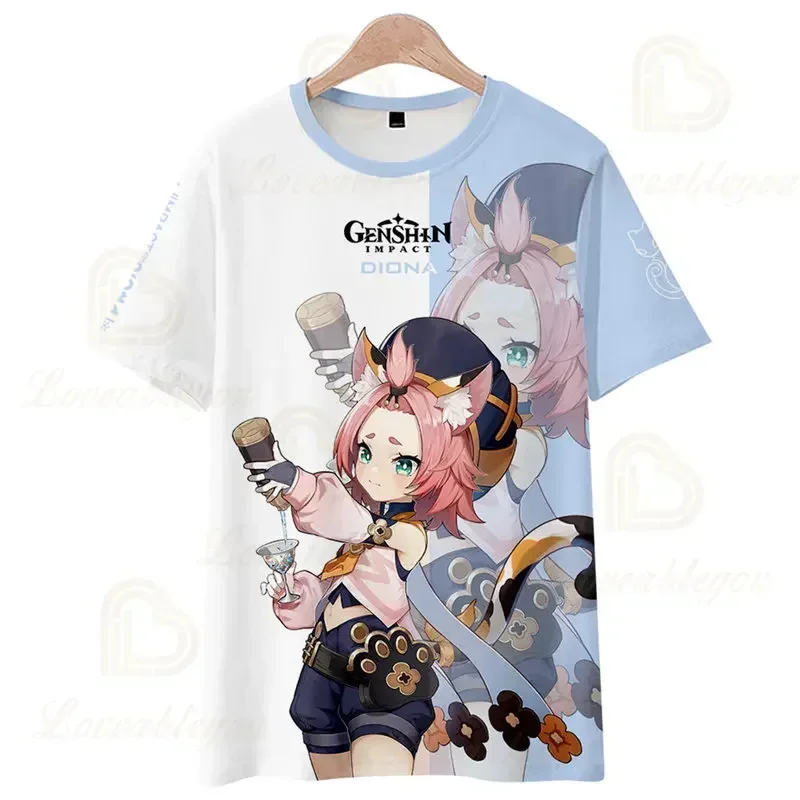 Kids Game Boys Genshin Impact Cat Tail Diona T-Shirt 3D Printing Harajuku Casual Graphic Streetwear Short Sleeve Girls Tshirts