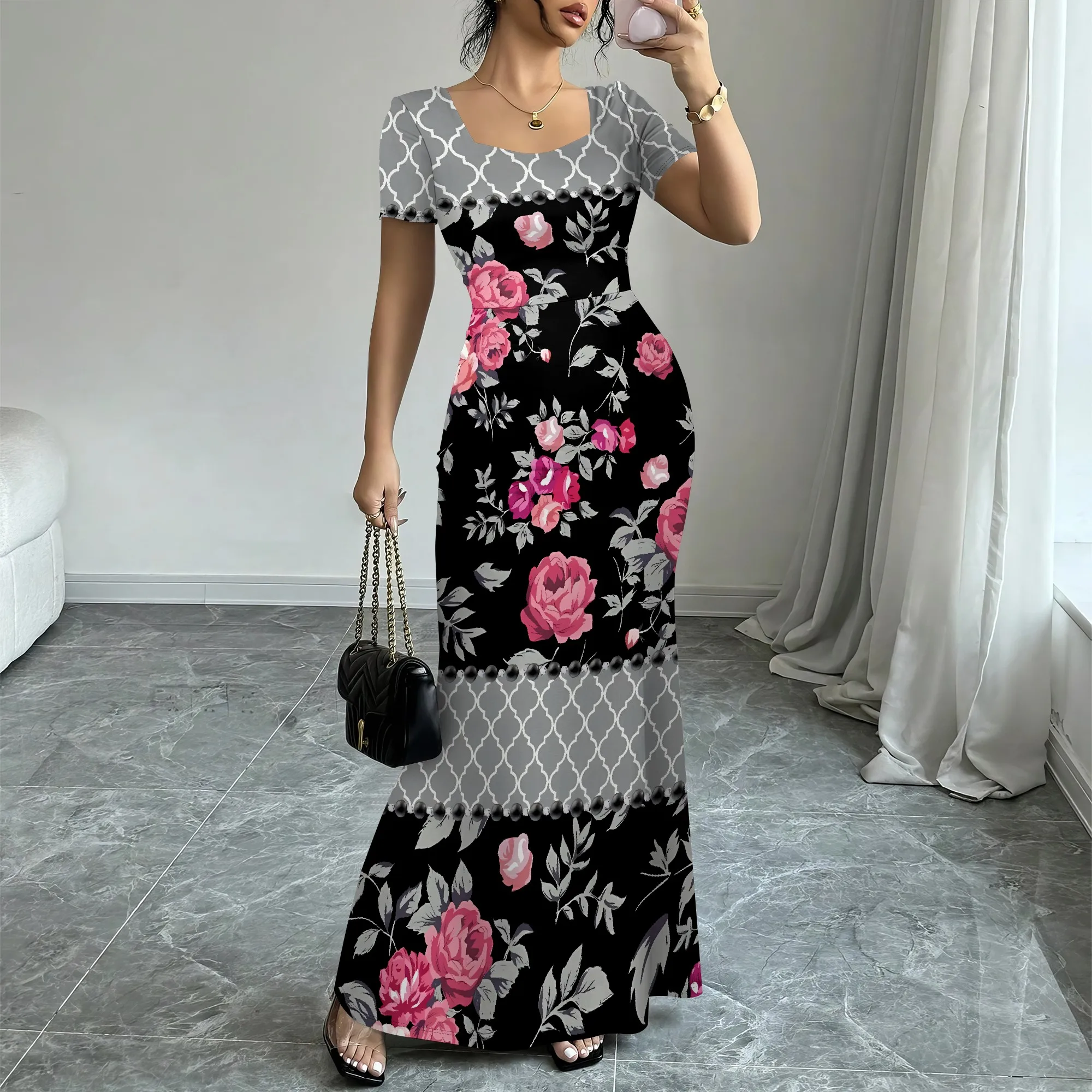 

Nupusa Floral & Lattice Print Dress for Women Regular Size Summer Casual Square Neck Short Sleeve Maxi Dress