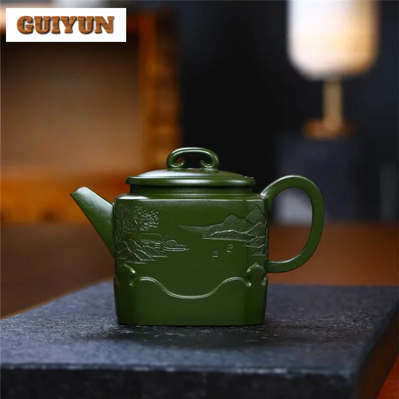 300ml Exquisite Yixing Purple Clay Teapots Handmade Square Pot Raw Ore Green Mud Tea Soaking Kettle Chinese Zisha Tea Set Cafes