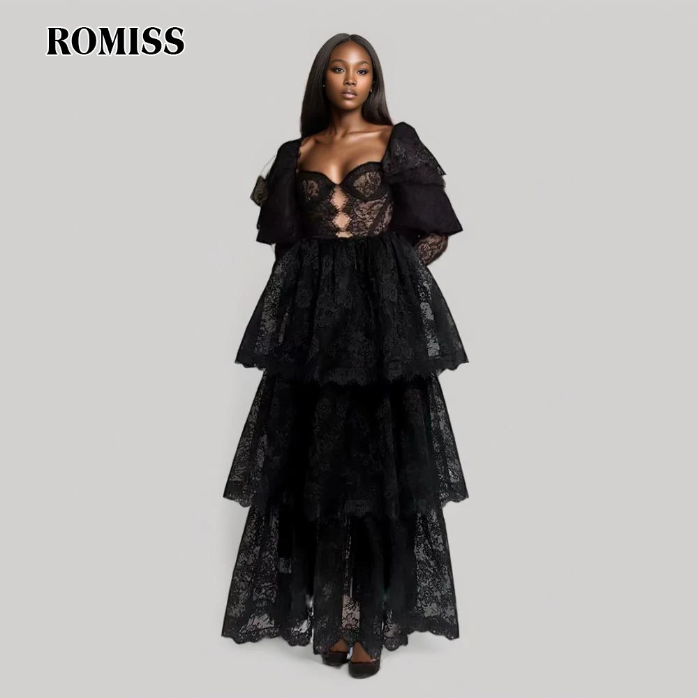 ROMISS Solid Lace Dresses For Women Square Collar Long Sleeve High Waist Hollow Out Slim Maxi Dresses Fashion Summer Clothes