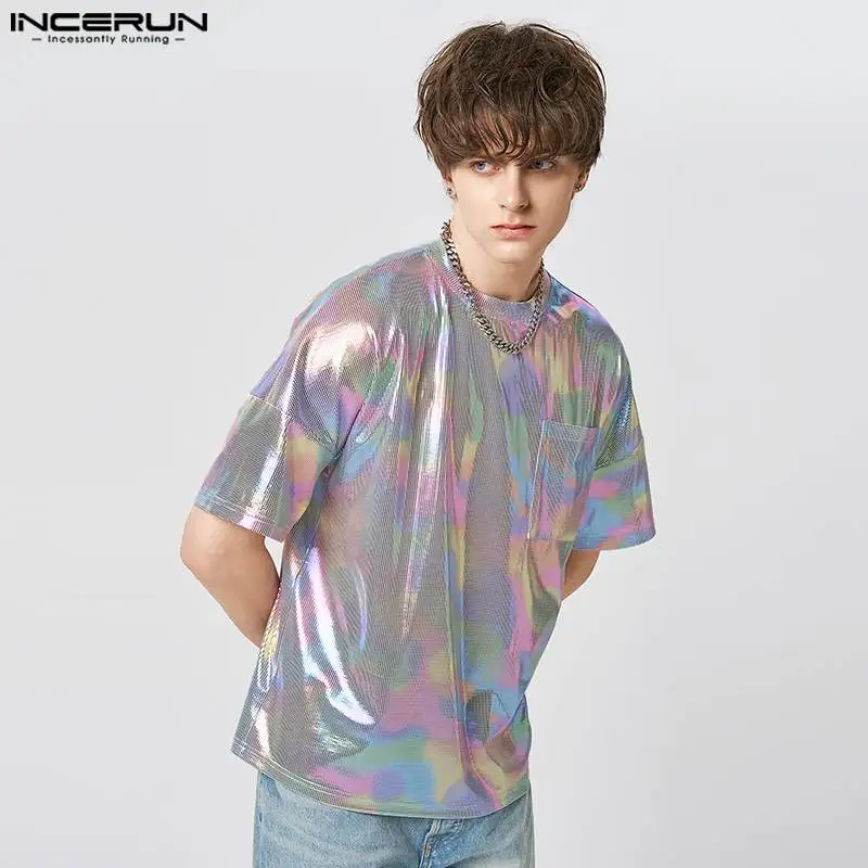 2023 Men T Shirt Shiny O-neck Short Sleeve Streetwear Loose Fashion Camisetas Summer Pockets Party Casual Tee Tops S-5XL INCERUN