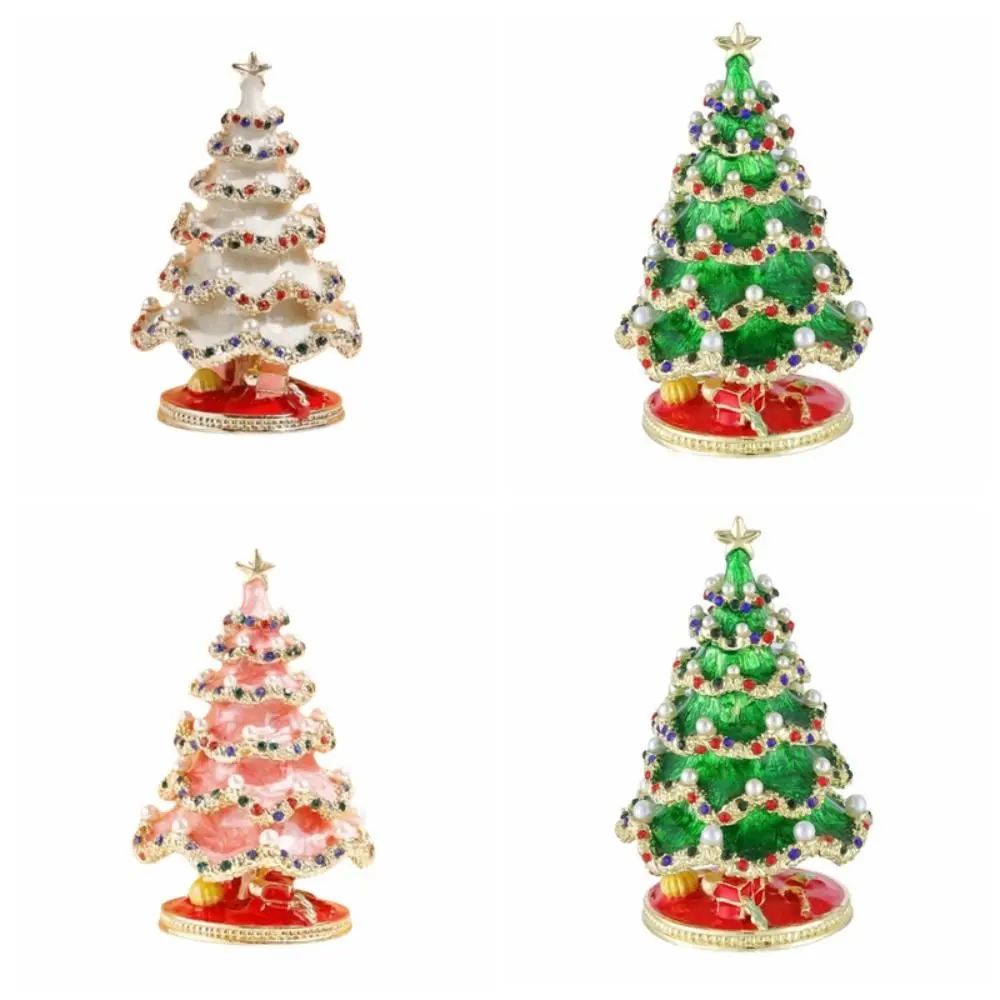Metal Christmas Tree Ornaments Colorful Enamel Miniature Xmas Tree Pearl Crystal Tabletop Decor Jewelry Storage Box Girl