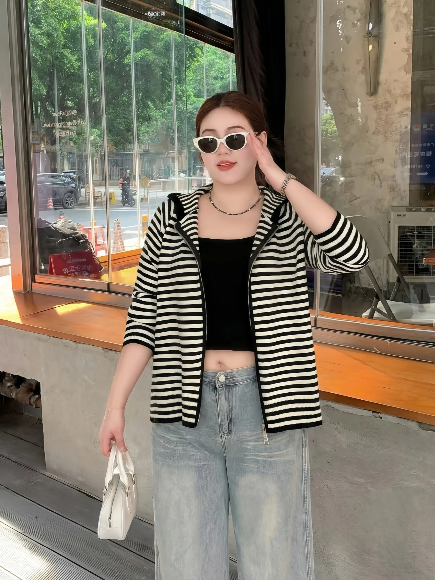 

Spring Large Size Women's Casual Striped Hooded Open Cardigan Commute Style Slimming Outerwear Comfortable Breathable Nylon
