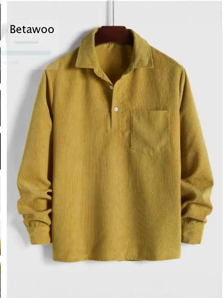 Mens Lapel Collar Corduroy Long Sleeve Shirt Half Placket Single Chest Pocket Loose Style Top For Cool Days Daily Matching Looks