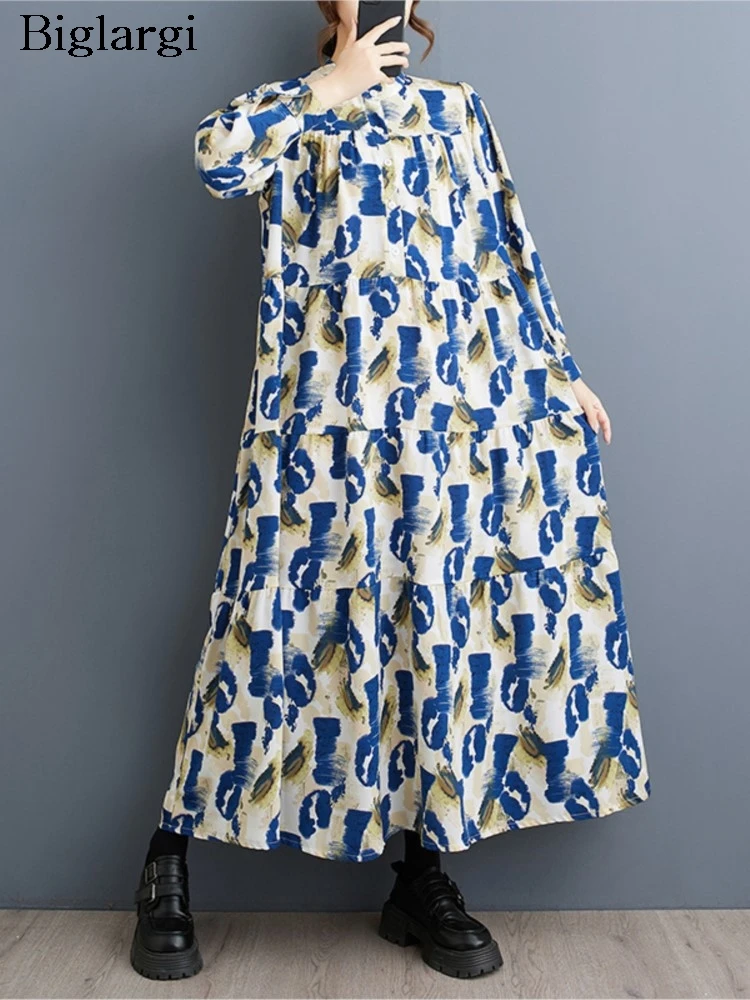 

Oversized Autumn Long Sleeve Dress Women Floral Print Fashion Ruffle Ladies A-Line Dresses Casual Loose Pleated Woman Long Dress