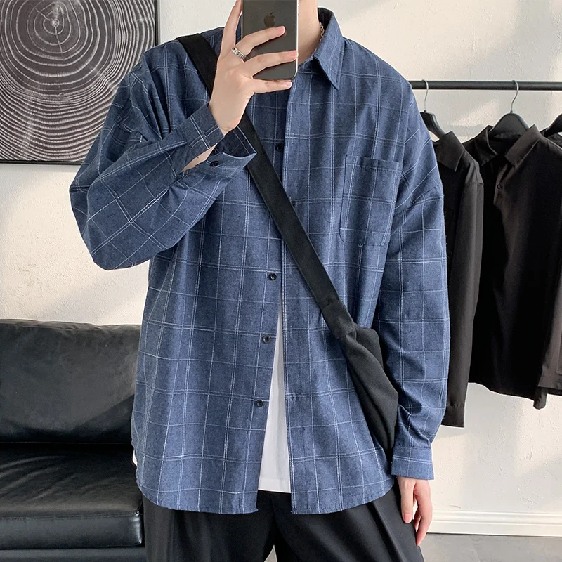 Summer Thin Ice Silk Casual Shirt for Men Plaid Pattern Cityboy Style Long Sleeve Loose Fit Youthful Trend Outerwear Jacket