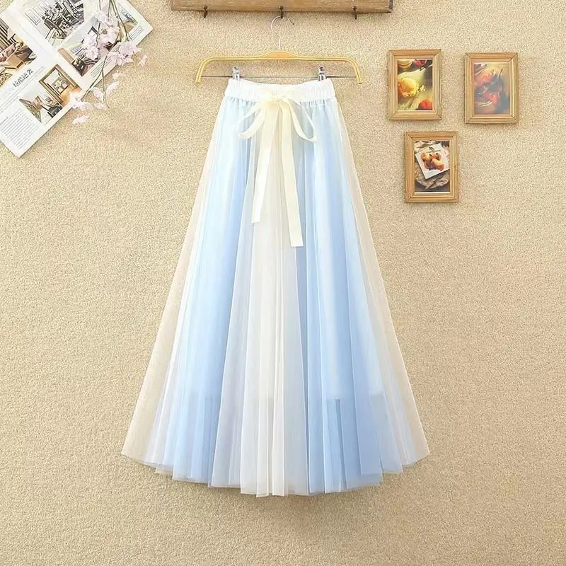 2026 New Spring And Summer Thin Two-Color Splicing Fairy Tutu Skirt Medium And Long Mesh Skirt With A Word Small Fragrance Pink