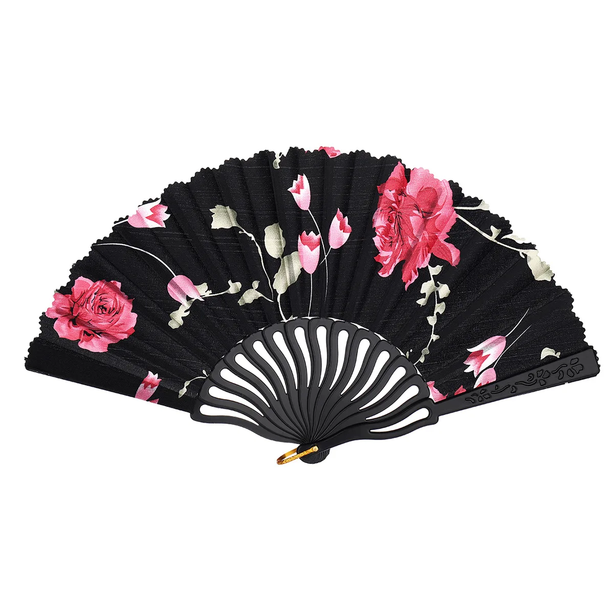 Exquisite 7 Inch Beautiful Woman Fan Summer New Satin Scimitar Hollow Plastic Flower Rod
