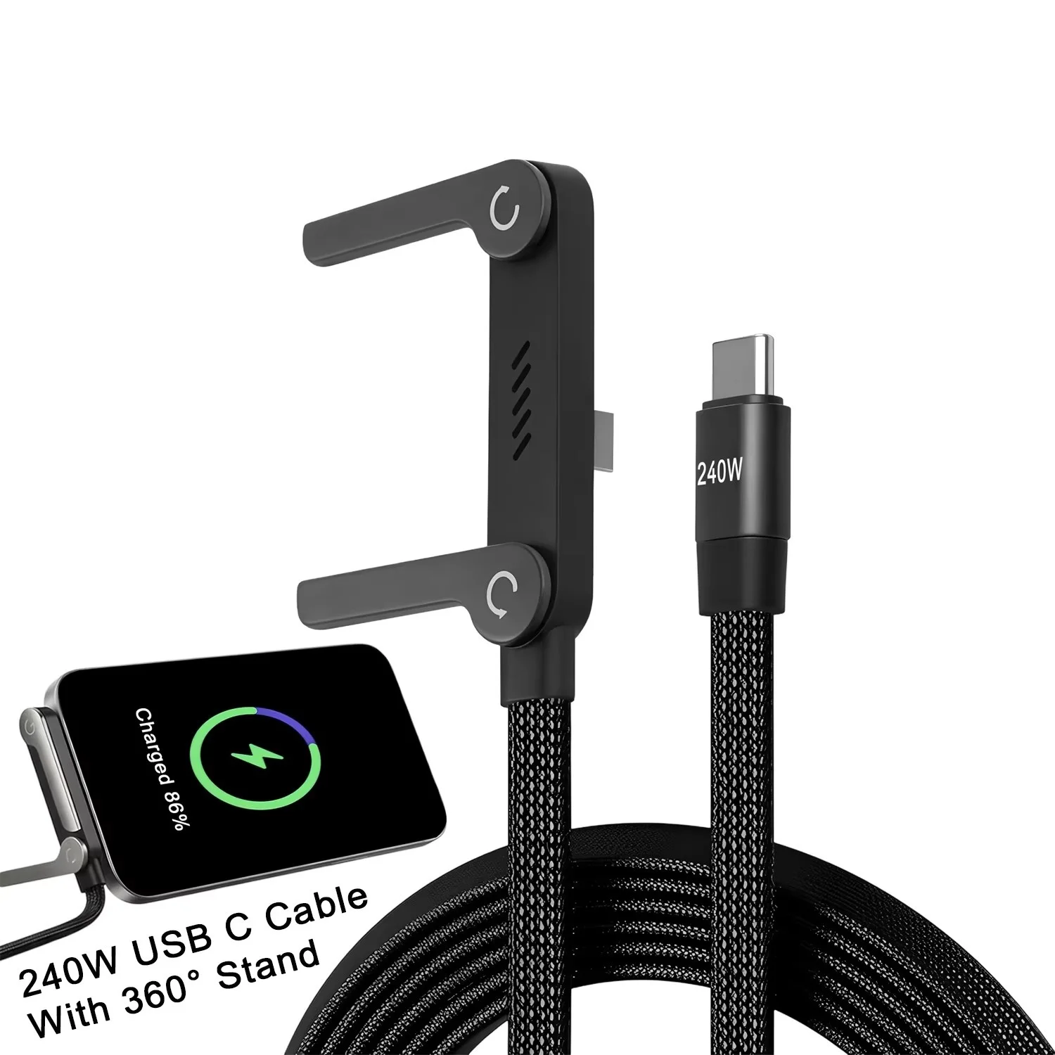 240W Super Fast Charging USB PD Cable Foldable Mobile Phone Holder Multi-Angle Adjustment Data Charging Cord For Smartphone