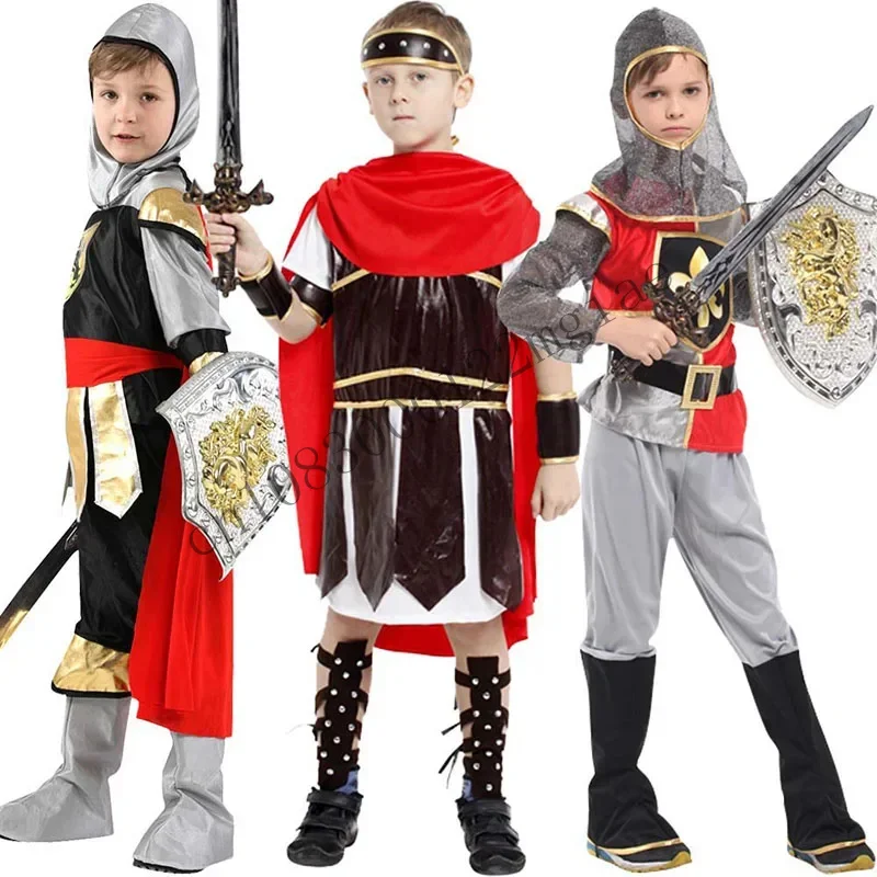 Carnival Medieval Roman Royal Knight Warrior With Cloak Cosplay Costume For Boy Girls Party European Soldier Hat CMM221