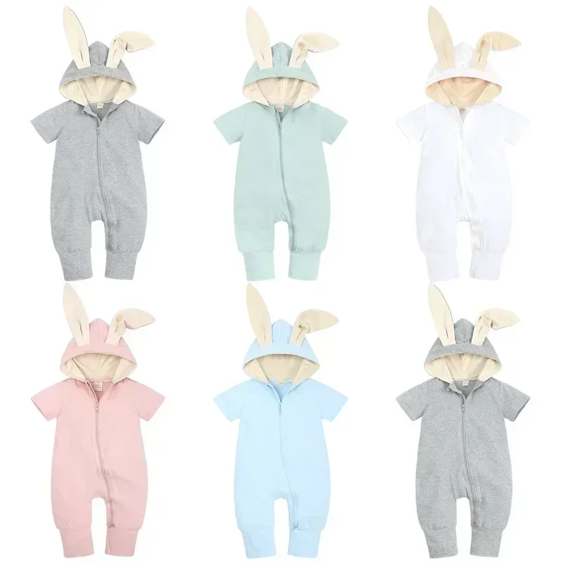 

Cartoon Rabbit Baby Romper Solid Color Cotton Zipper Short Sleeve Knitted Romper Fashion Newborn Girls Clothes 3-18 Months