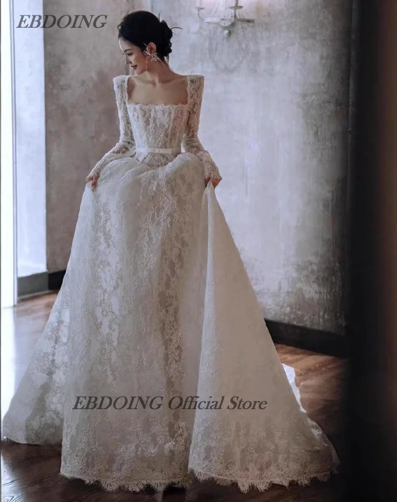 EBDOING  Wedding Dress A-Line Lace Square Neckline Full Sleeves Basque Customized Bride Gowns