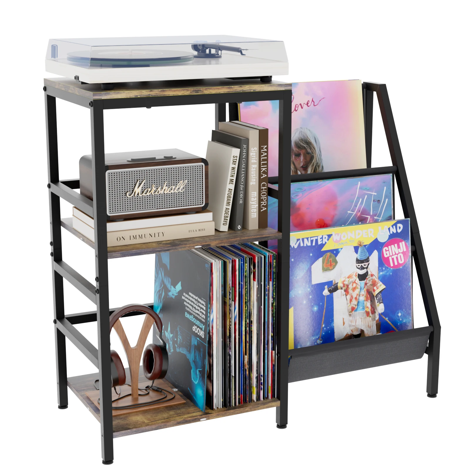 Aufbewahrungstischregal für Schallplatten, LP-Ausstellungsständer, multifunktionaler organisierter Schrank, Metall, Holz, bodenstehendes Regal, Aufbewahrungsregal