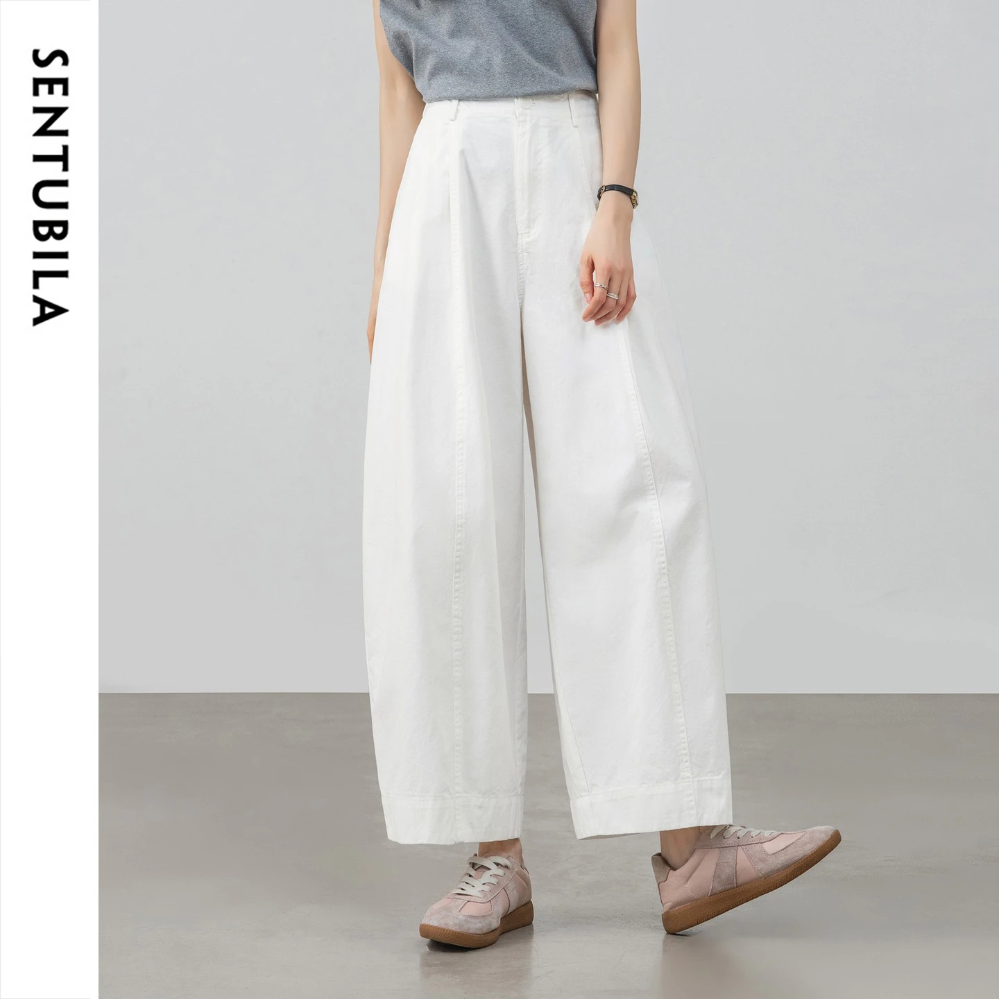 SENTUBILA Women Wide Leg Pant 2026 Summer 100% Cotton High Waist White Cropped Trousers Loose Minimalist Casual Pant W62KN6847