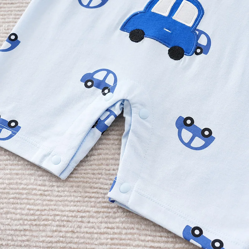 Newborn Boy And Girl Jumpsuit Baby Clothing Cute Cartoon Toy Car Baby Casual Full Print Light Blue Summer Short Sleeved Jumpsuit