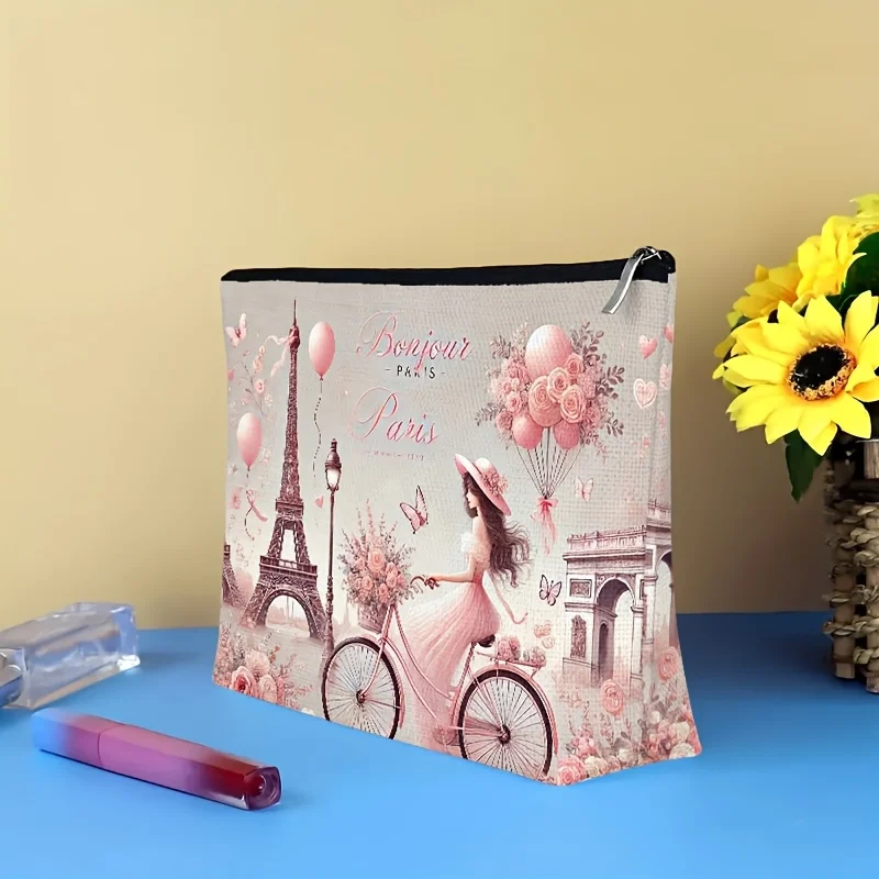 Un sac de maquillage de style Paris – jolie pochette multifonctionnelle à fermeture éclair pour femmes, sac de rangement de bijoux