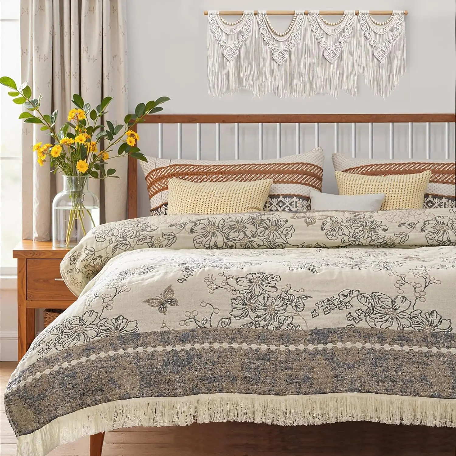 

Cotton Blanket 4-Layer Throw Blanket with Tassel Grey and White Flower Butterfly Soft Luxury Rustic Farmhouse Decor Blanket for