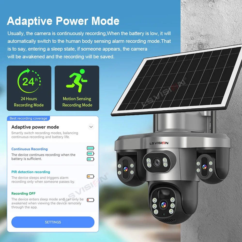 กล้องวงจรปิด LS VISION หลายเลนส์ 3 จอ Wifi กล้องรักษาความปลอดภัยพลังงานแสงอาทิตย์กลางแจ้ง กล้องพาโนรามา ตรวจสอบผ่านมือถือ พร้อมไซเรนเตือนภัย กล้องวงจรปิดพลังงานแสงอาทิตย์