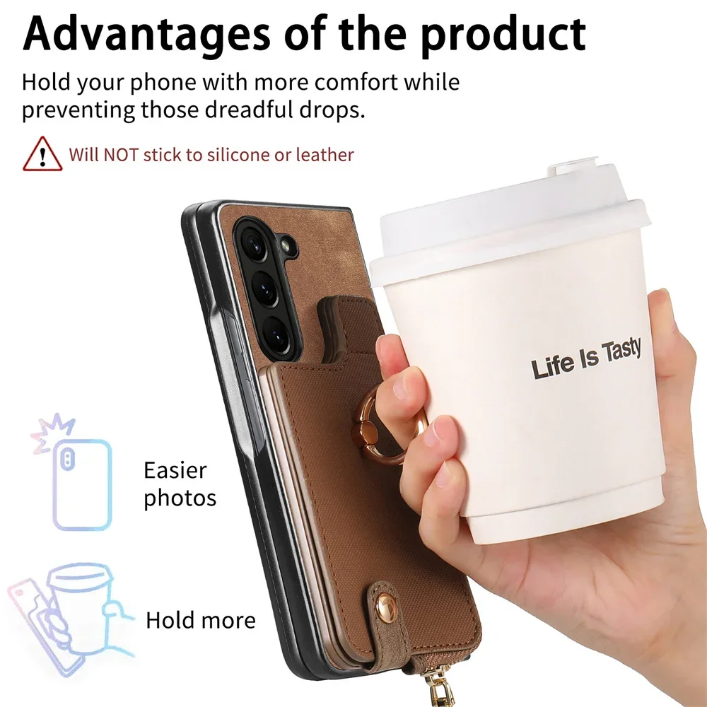 Zipper Wallet Phone Case with Card Slot Holder For Samsung Galaxy Z Fold 6 5 Fold6 Fold5 5G Ring Kickstand PU Leather Back Cover