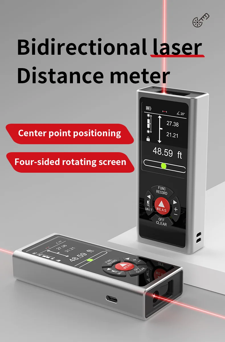 

Двойной лазерный дальномер, перезаряжаемый двусторонний лазерный дальномер, 120 м, цифровая рулетка, инструмент для измерения угла