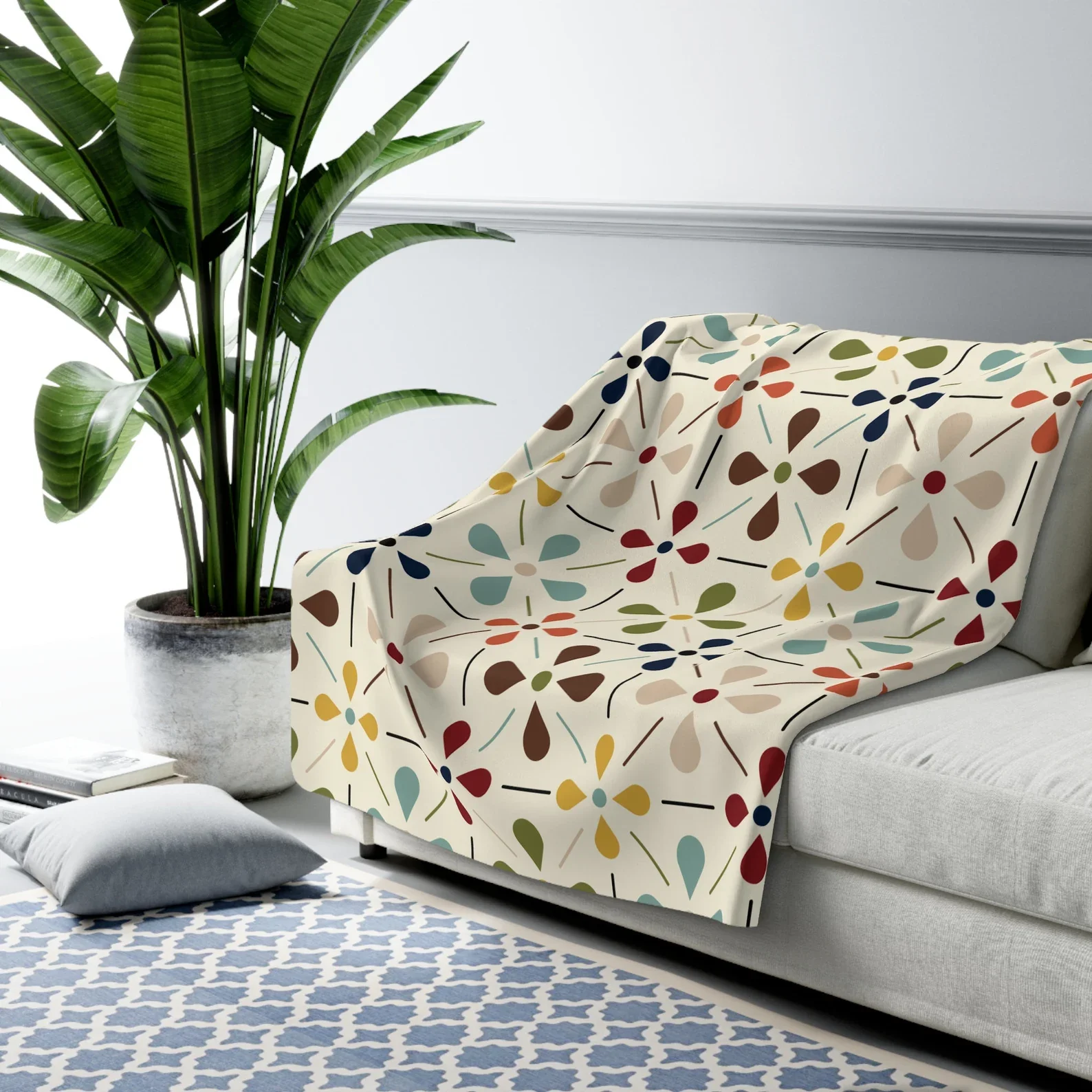 Mid Century Modern Retro Floral Sherpa Blanket, Minimalist MCM Aqua Blue, Olive, Mustard, Wine Fleece Throw Blanket