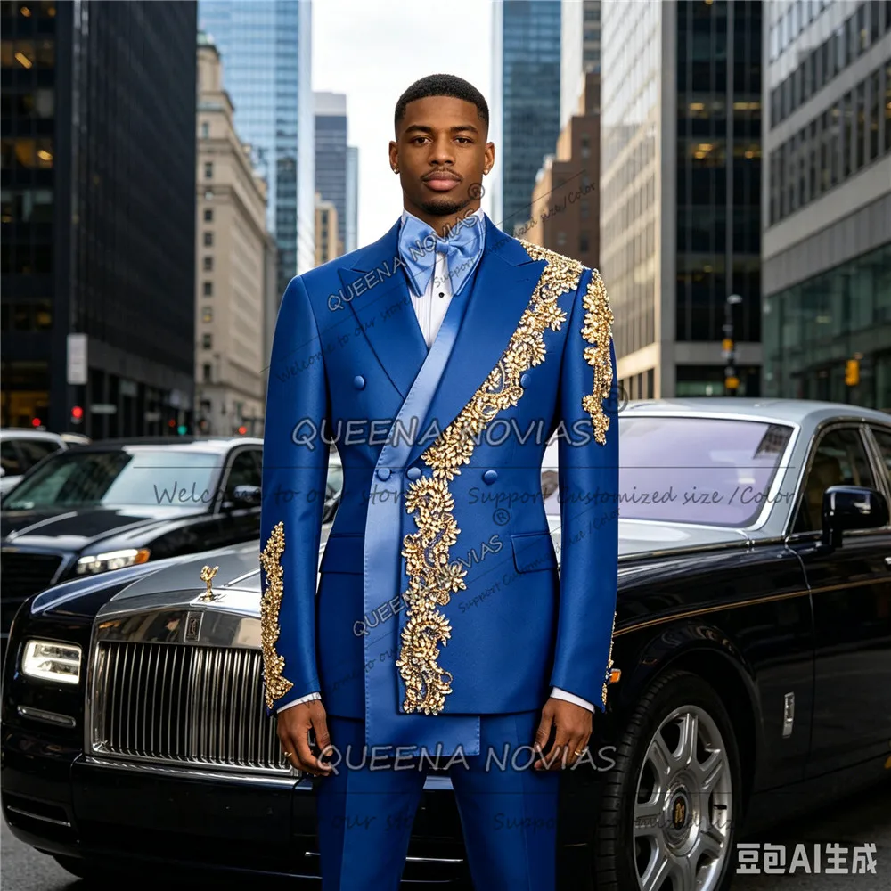Exclusive Wedding Suits For Man Gold Diamond Beaded Jacket Pants 2 Piece Sets Groom Tuxedos Customized Man Business Party Outfit