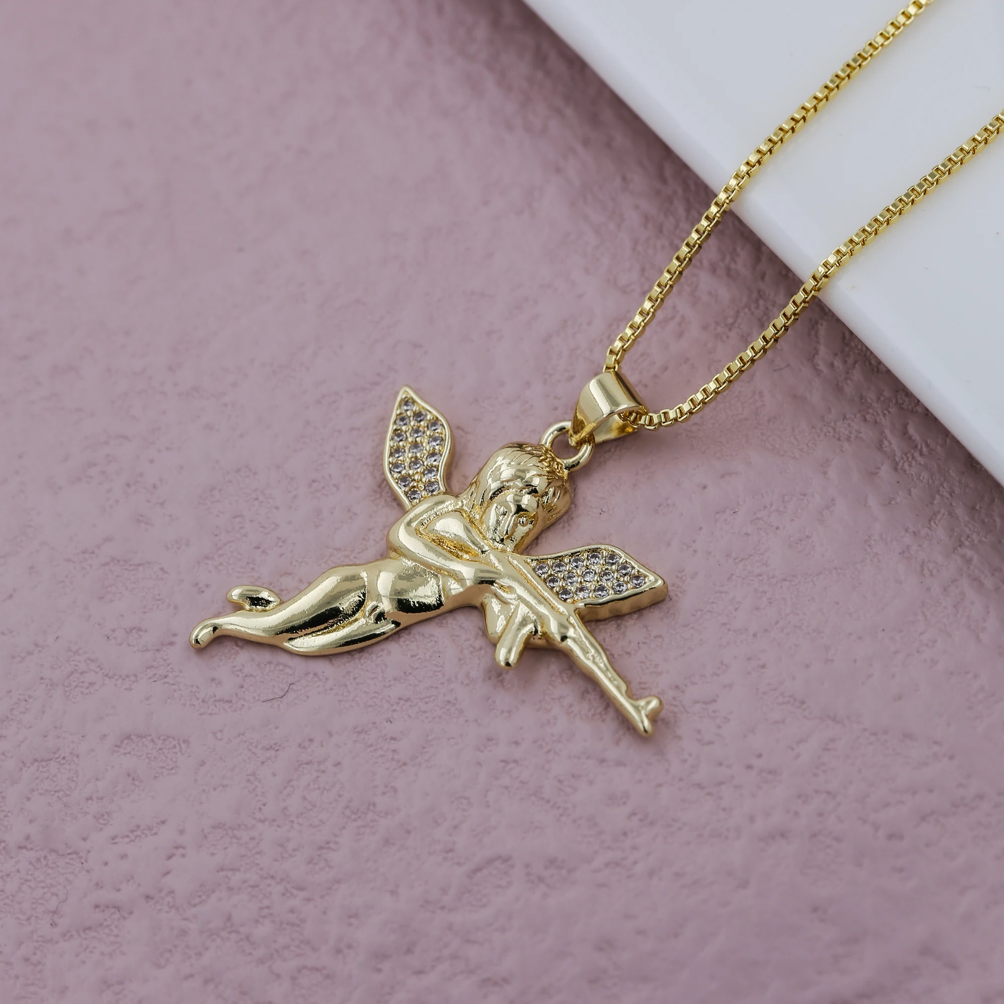 European and American Style Copper White Zircon Gun‑shooting Angel Pendant Necklace Men Women Hip Hop Jewelry