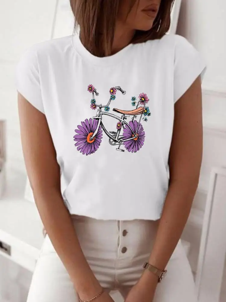 Fashion Shirt Bike Flower Trend Lovely Lady Short Sleeve Print Clothes Women Spring Summer Female Tee Graphic T-shirt