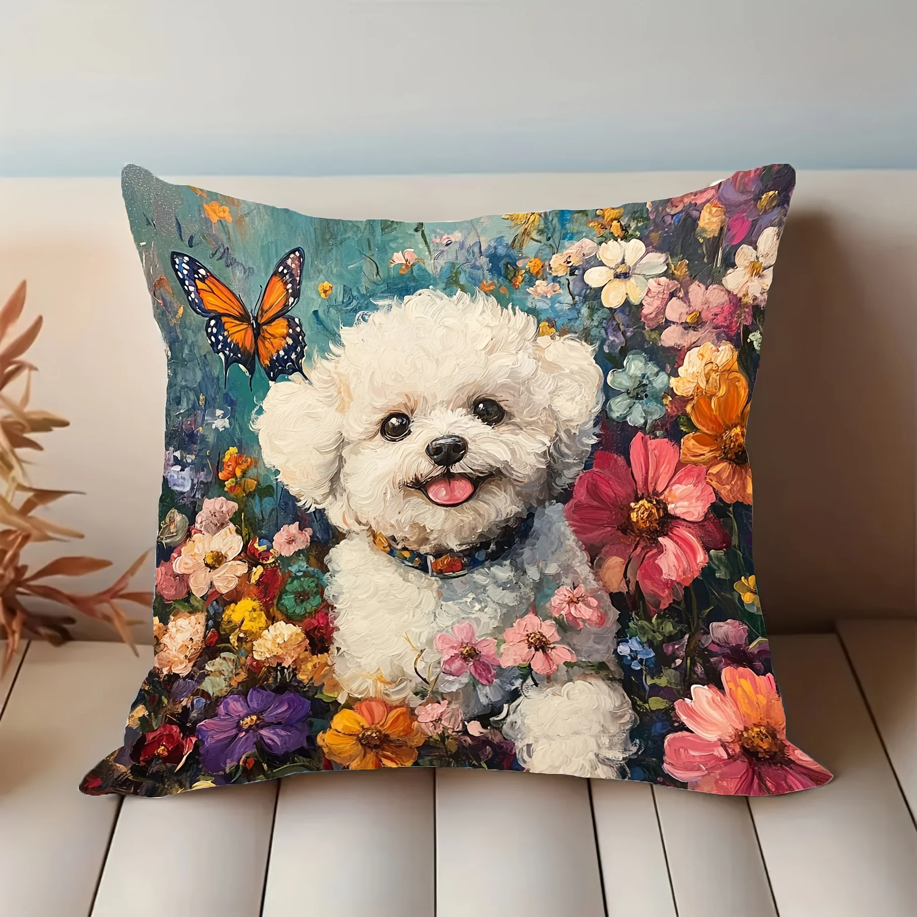 Cute Puppy Floral Bouquet Throw Pillow Cushion for Sofa Home Decor Pet Lover Gift