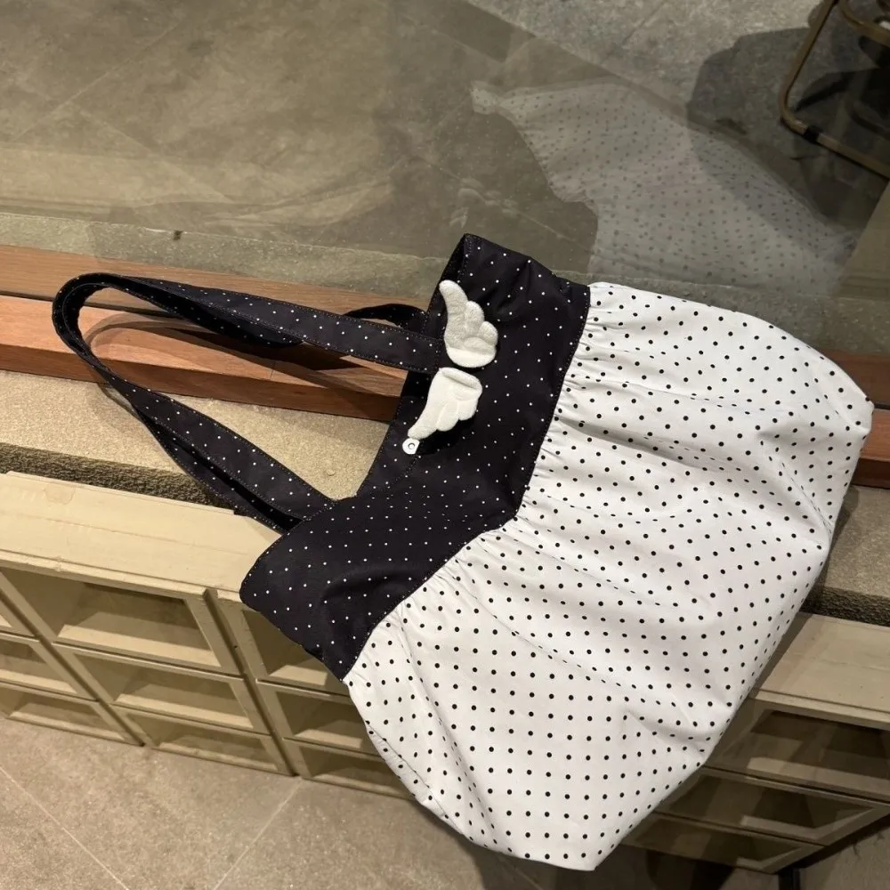 Simple Wing Polka Dot Shoulder Bag Pleated Ruffled Retro Tote Bag Large Capacity Lightweight Underarm Bag Daily