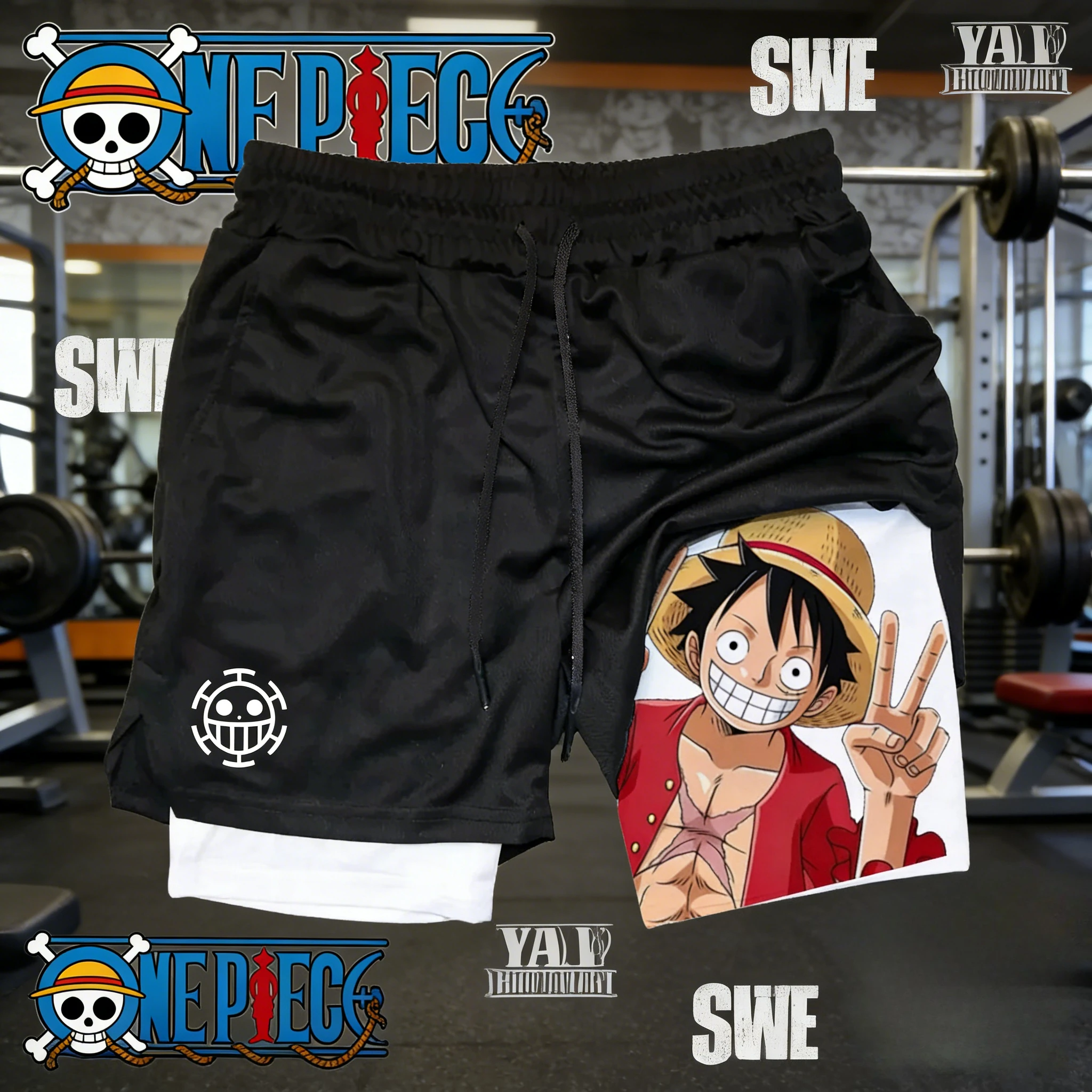 

2026 Summer One Piece Retro Double Layer Shorts Men's Fitness Monkey D. Luffy Peace Sign Heart Pirates Print Shorts for Adults