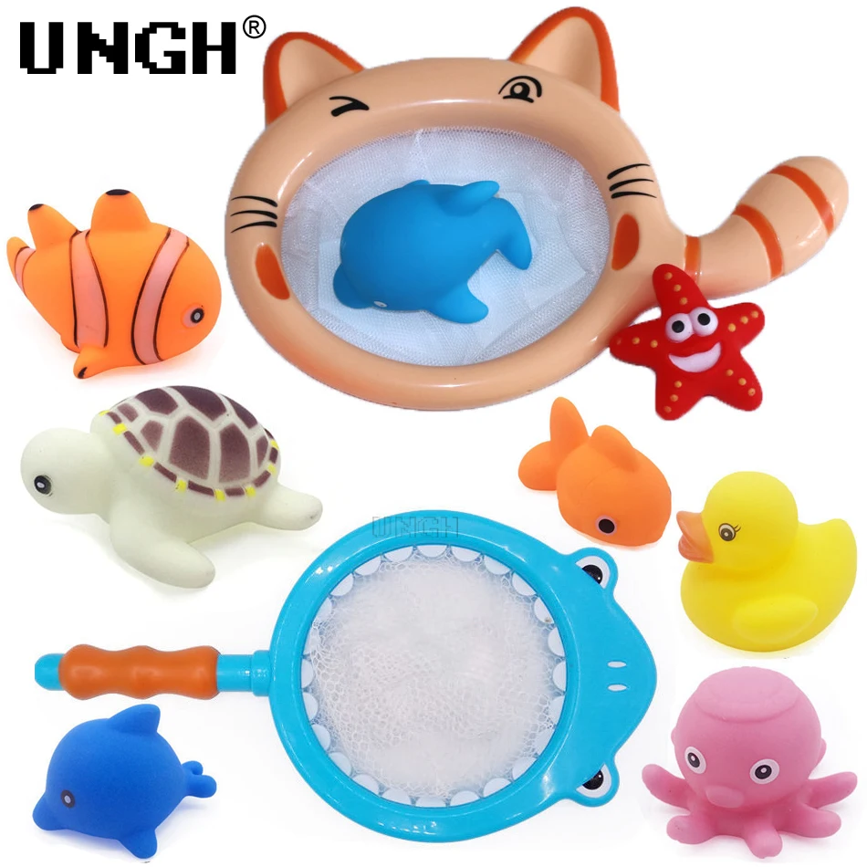 UNGH-Ensemble de jouets de bain pour bébé, baignoire pour enfants, requin, chat, jouets de bain flottants pour enfants avec filet de pêche, jouets