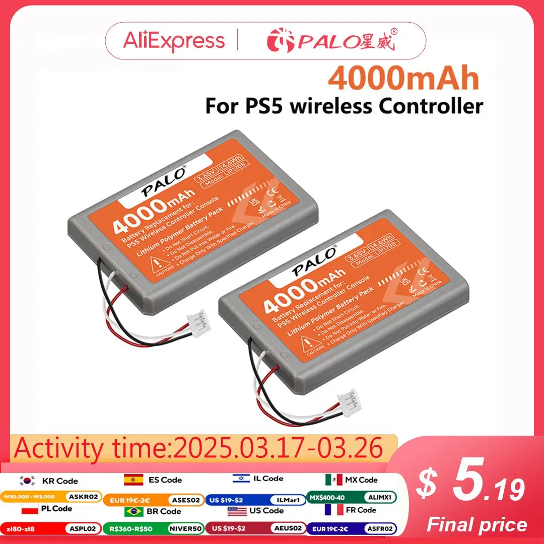 La batteria del controller PALO PS5 sostituisce 4000mAh per Sony PlayStation 5 LIP1708 Dualsense CFI-ZCT1W CFI-ZCT1J Controller wireless