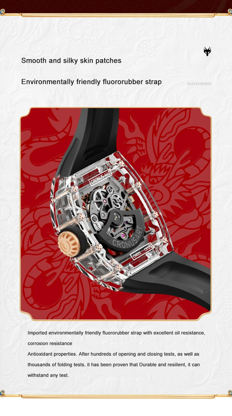 CRONUSART ساعة أوتوماتيكية للرجال 50 مللي متر * 42 مللي متر Tonneau ساعة اليد الميكانيكية علبة أكريليك مضيئة فلوروروبر حزام التنين الهاتفي