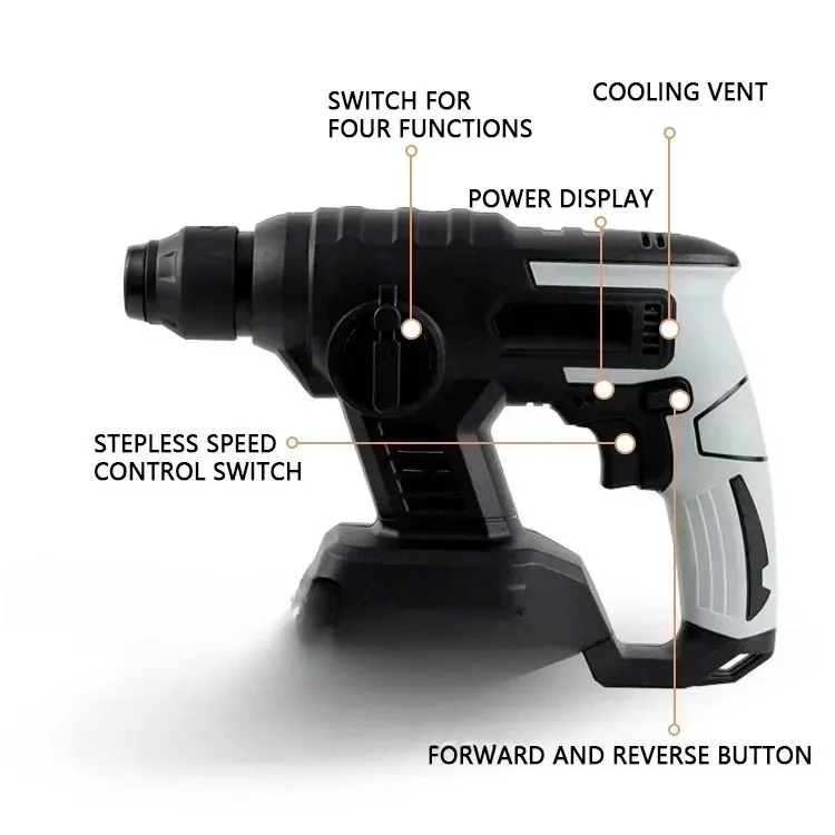 21V 1600W Li-ion Battery Operated Rotary Electric Hammers Adjustable Soft Grip Brushless Household High-power Electric Tools