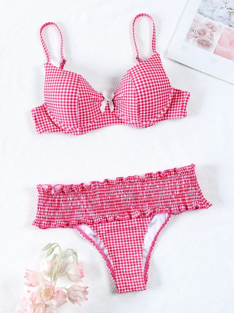 Pink Color Bikinis Push Up Swimsuit Women Bow Bikini Set String Swimwear Ruffle Beachwear Two Piece Biquini Sexy Swimsuits