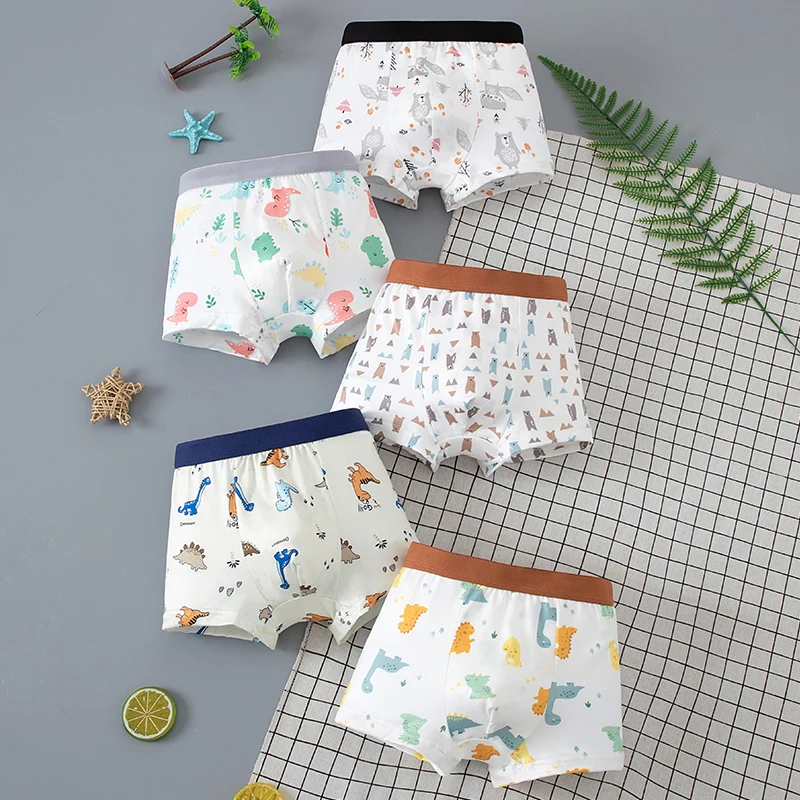 5-piece Set Of Children's Four Season Cartoon Cute Underwear Boys' Comfortable Four Cornered Pants, Elastic Waist Home Shorts