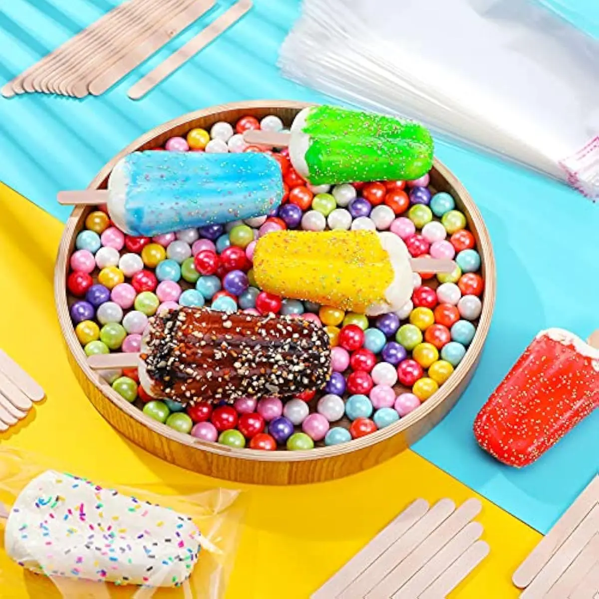 300 Pcs Ice Lolly Sticks and Clear Self-adhesive Plastic Bags Set