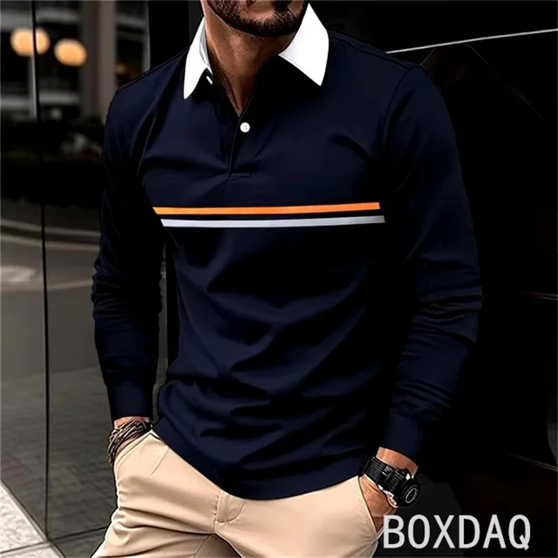 

Men's Autumn Winter Long Sleeve Turndown Collar Polo Shirt Fashion Classic Striped Printed Polo Shirt Oversized Men Polo Tops