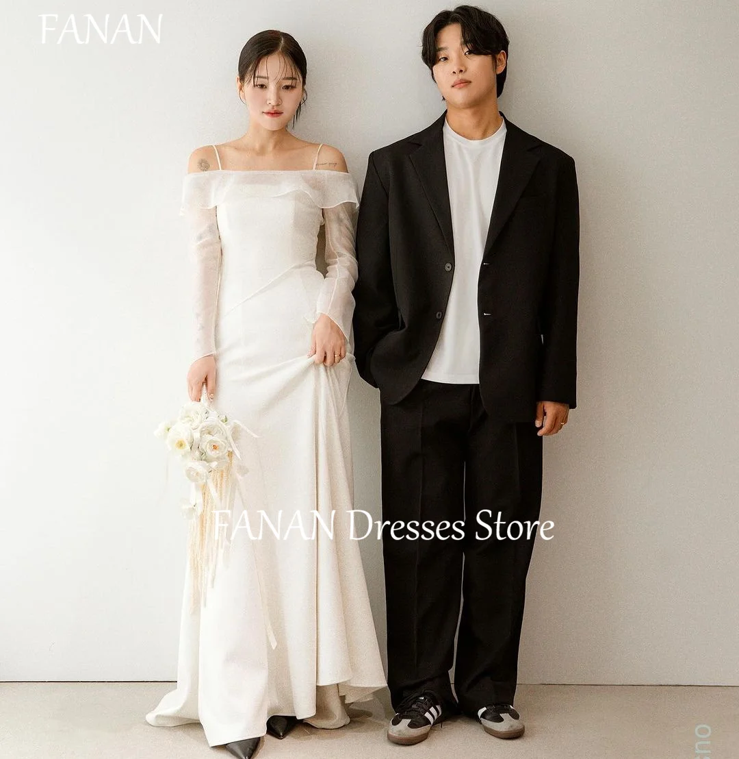 

FANAN Spaghetti Straps Korea Sheath Wedding Dresses 웨딩드레스 Long Sleeves Simple Ivory Custom Made Bride Gowns Plus Size