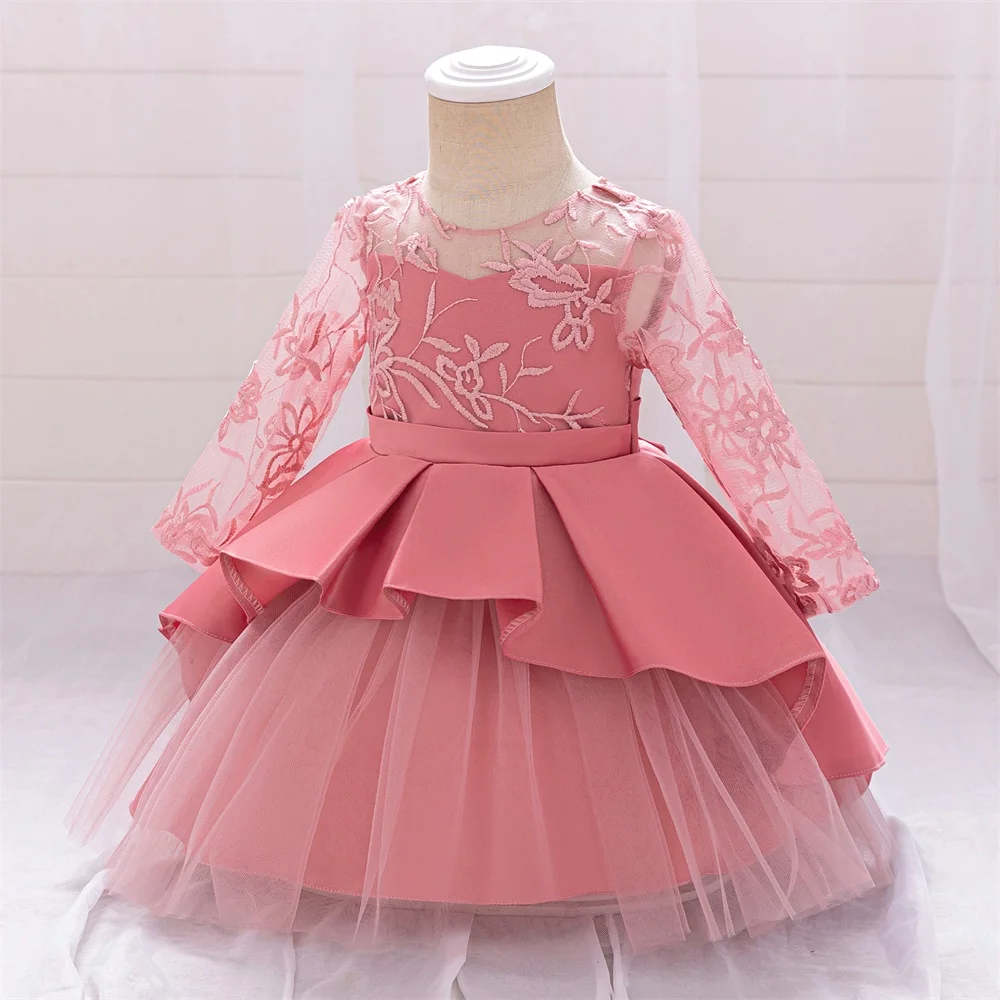 Embroidery Mesh Patchwork Ball Gown Toddler Girl Elegant Party Baptism Birthday Wedding Princess Dresses Bridesmaid Prom Costume