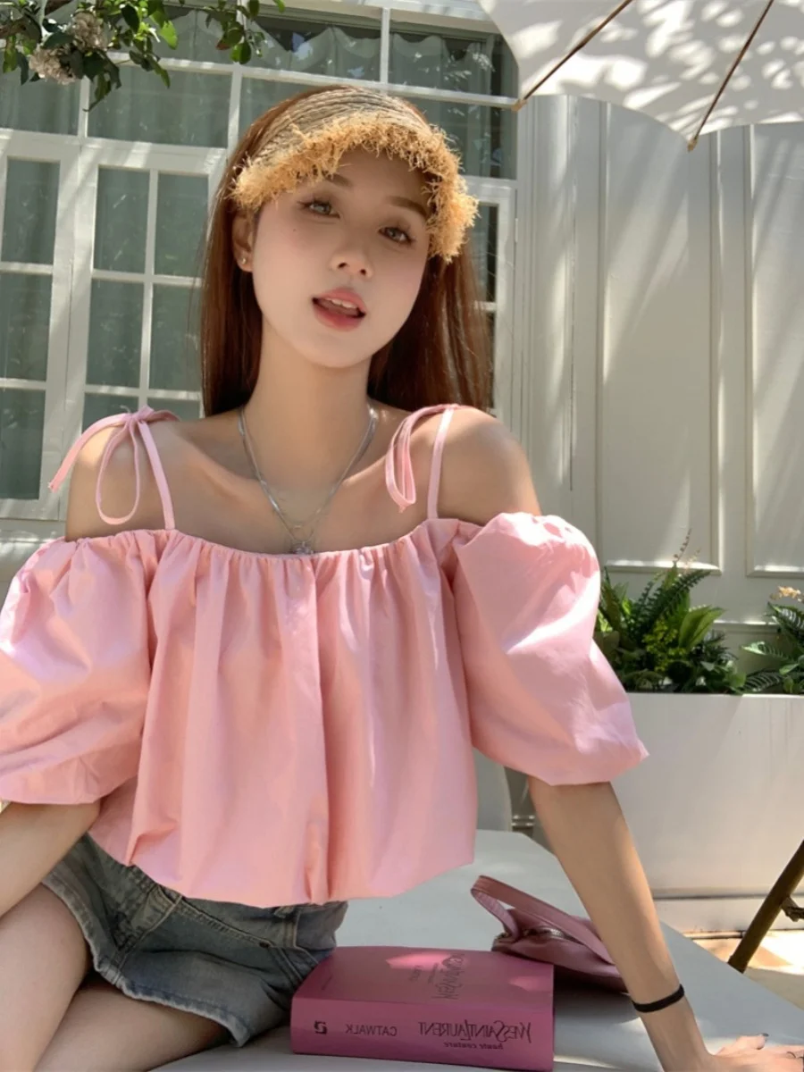 Top Estivo da Donna in Poliestere con Spalle Scoperte, Maniche a Palloncino e Design Casual