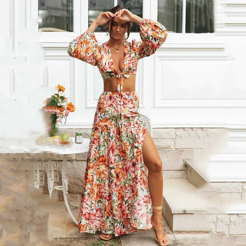 Ardm Elegante V-ausschnitt Floral Drucken Hohe Taille Spitze Up Crop Top Zwei Stück Sets Frauen Outifits Langarm Urlaub party Rock Set