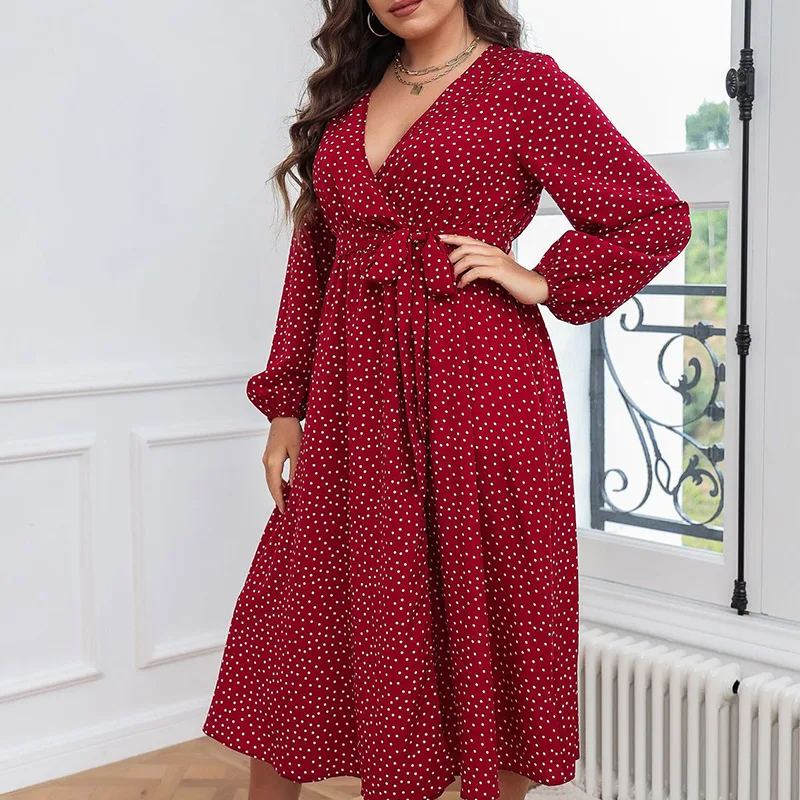 Autumn Winter Elegant Oversized Polka Dot Plus Size Dress Long Sleeve Design Waist Casual Vestidos De Fiesta Fashion Robe Femme