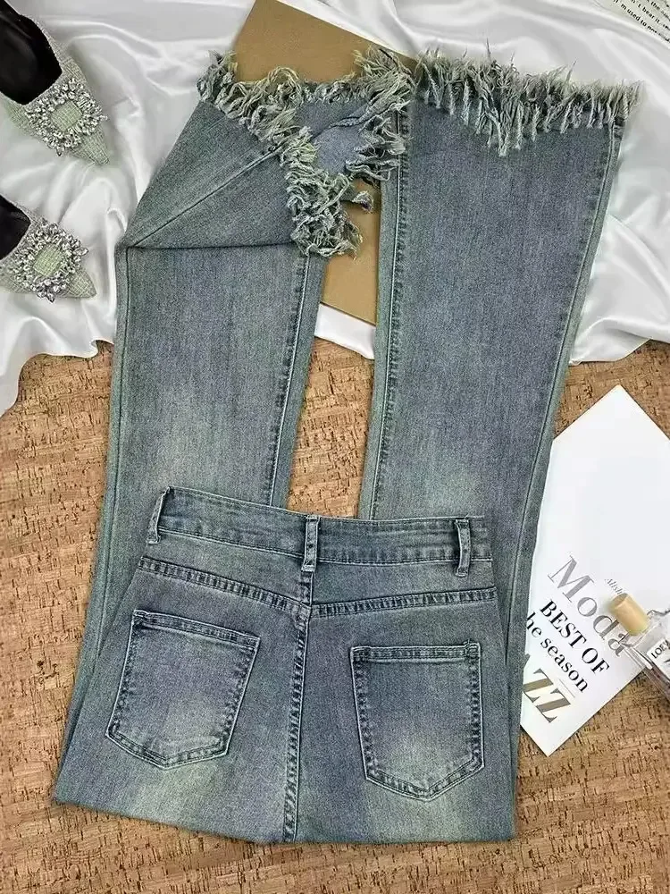 Wijde pijpen hoog getailleerde jeans met franjes dames casual Koreaanse mode slanke vaqueros knoppen vintage streetwear bootcut denim broek