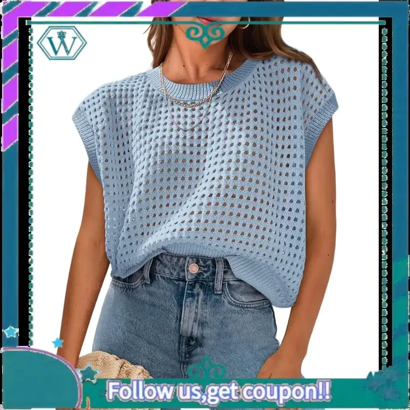 

A09P женские весенние топы, лето 2029, рубашки, вязаный крючком свитер с короткими рукавами, пуловер, милый пляжный накидка с круглым вырезом